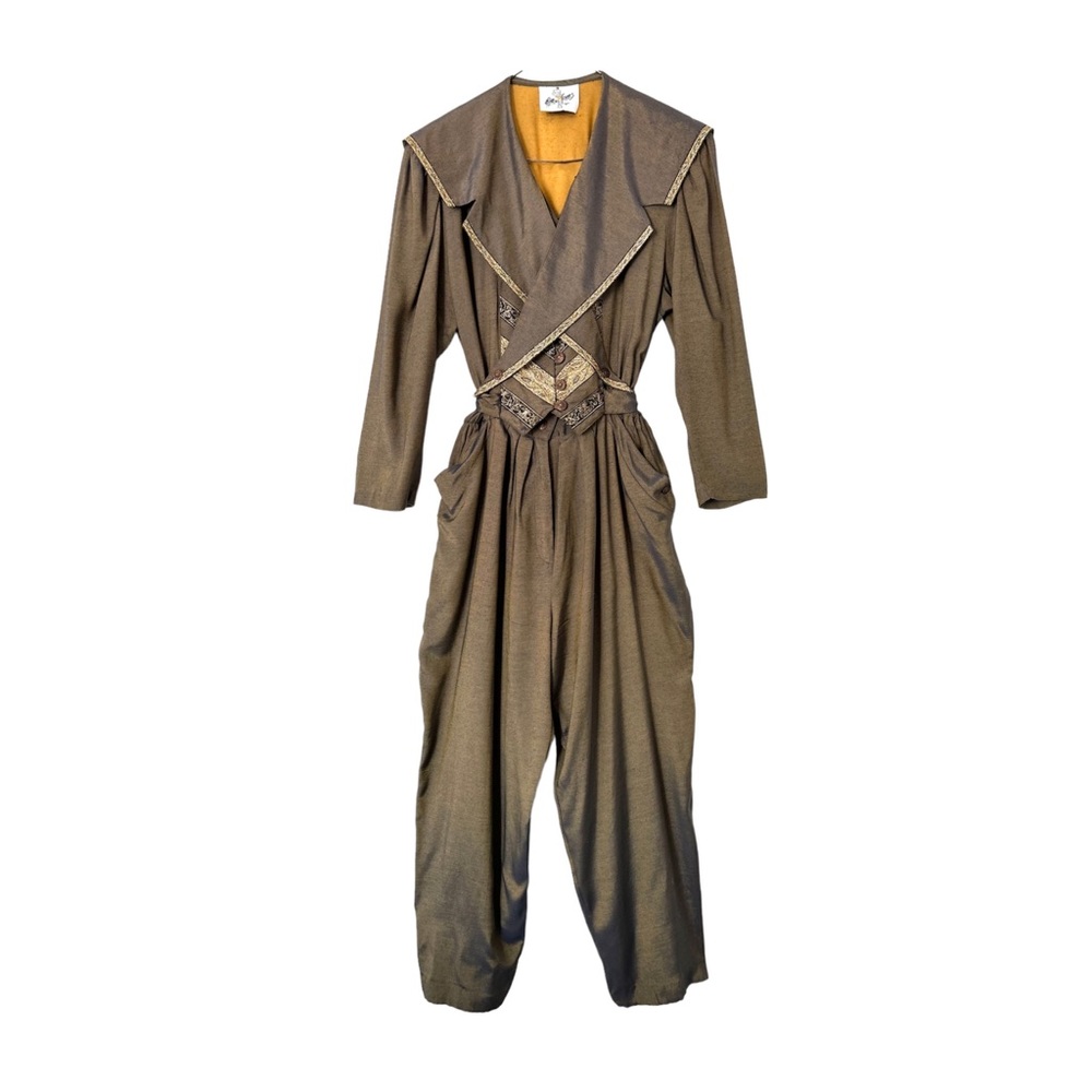 Vintage 80s Jumpsuit Silky Rayon Embroidery Trim Metallic Gold Mocha Tuxedo XS/S